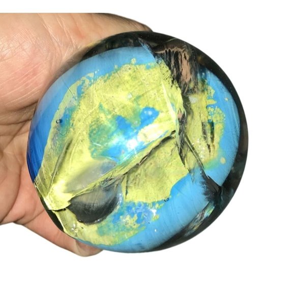 Art Glass Blue Green Yellow Swirled Paperweight - Picture 1 of 9